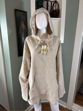 NWT New Baja Billy’s Natural Tan Ecru Woven Surf Hoodie Poncho Sweatshirt XL